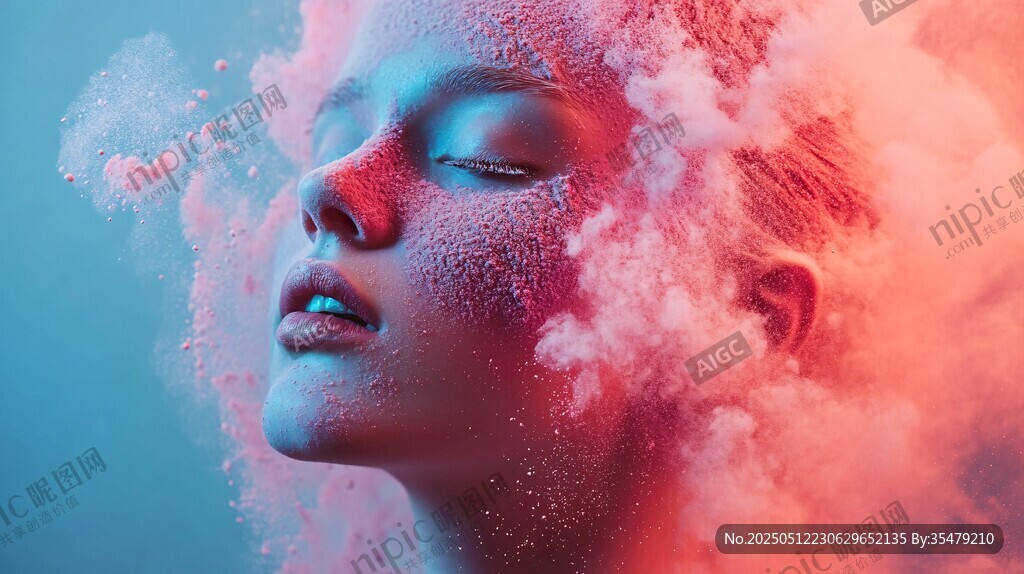 梦幻粉雾中的闭眼女性
