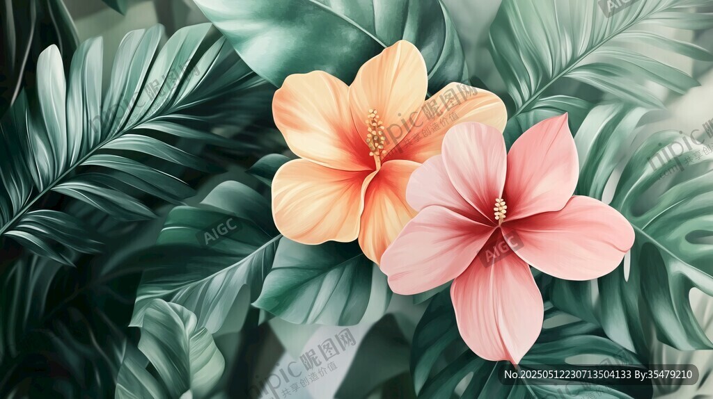 两朵扶桑花与绿叶的景致
