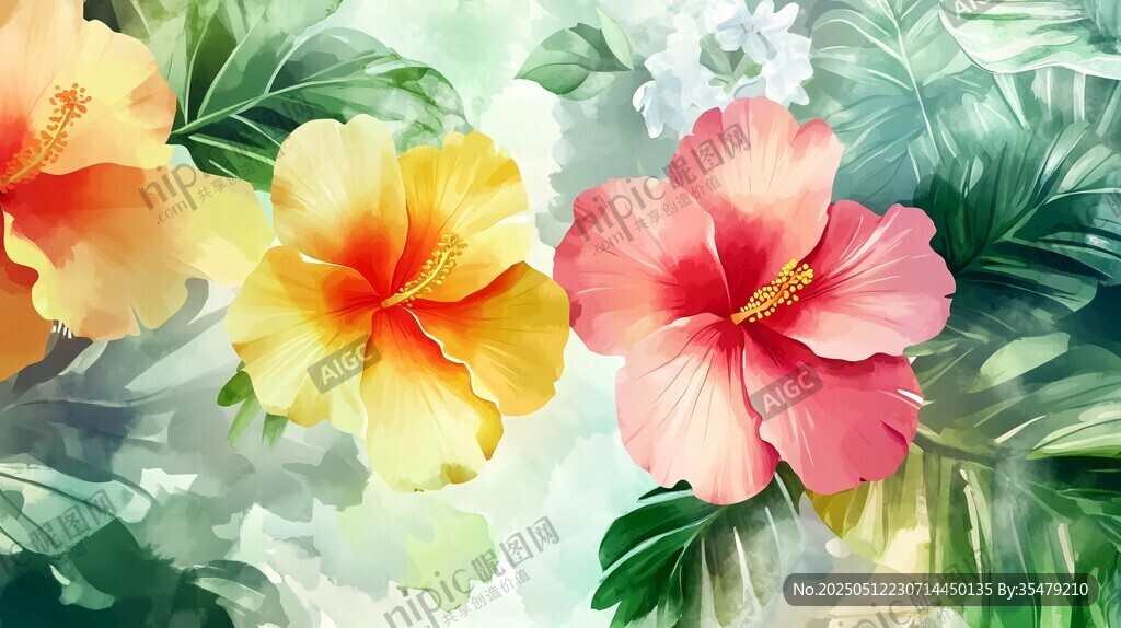 水彩风绚烂扶桑花与绿叶