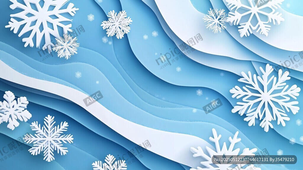 蓝色折纸风雪花背景图