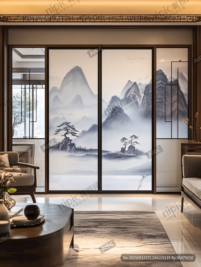 中式山水屏风客厅雅致景