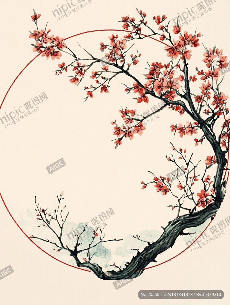 中式水墨红梅图