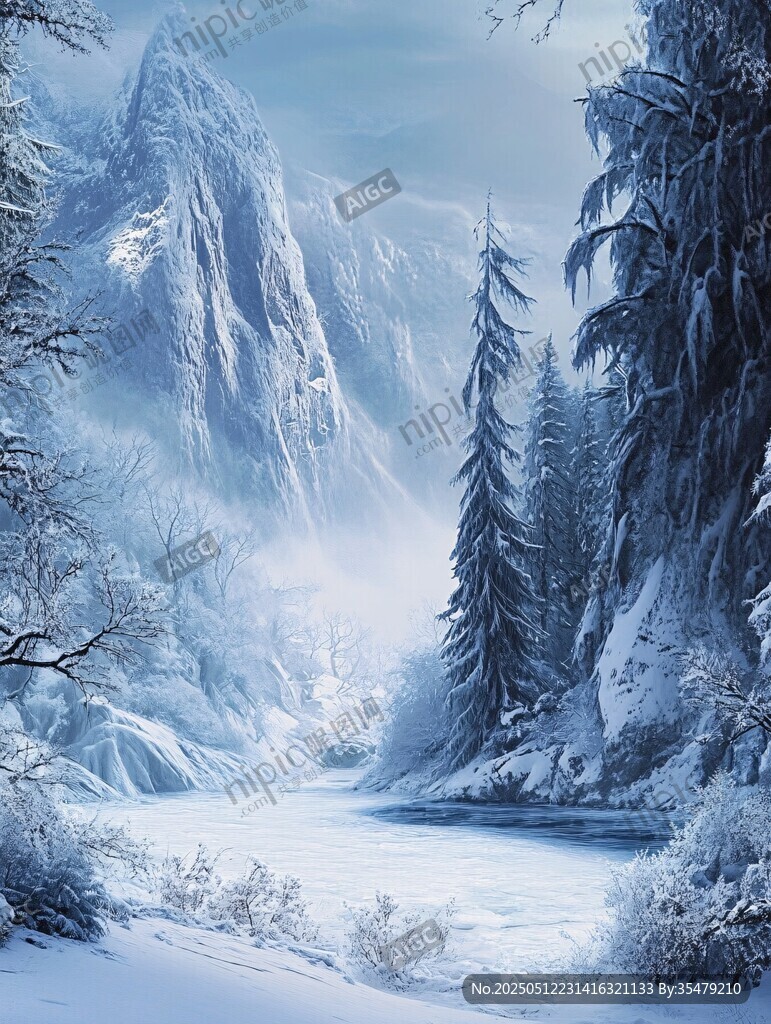 冬日冰雪覆盖的静谧山林
