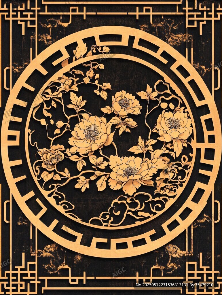 中式黑金牡丹花纹装饰图