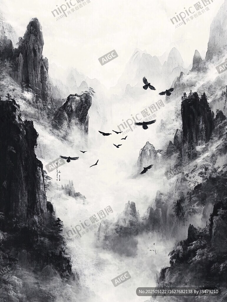 水墨群山间飞鸟翱翔图