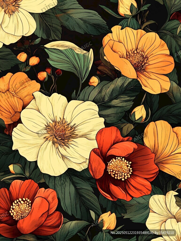 复古风花卉图案插画