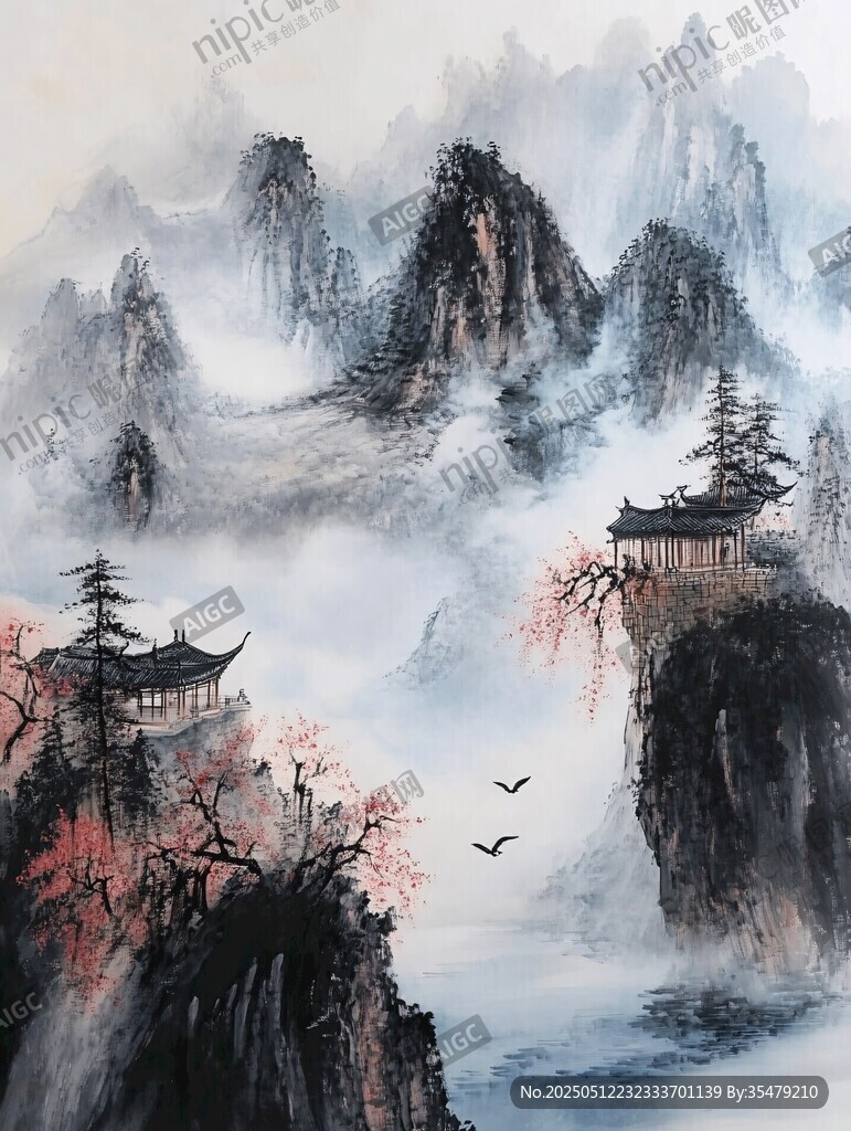 水墨山水间的古韵楼阁
