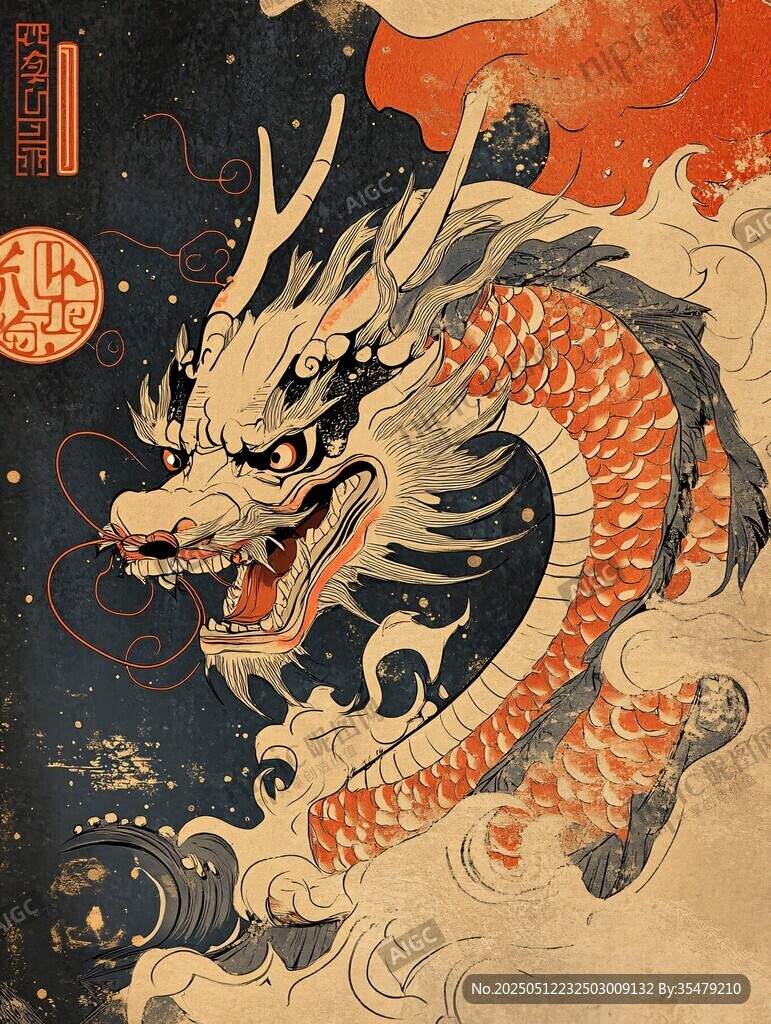 日式传统风格龙的浮世绘