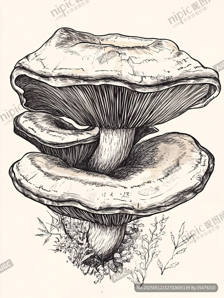 手绘层叠蘑菇黑白插画