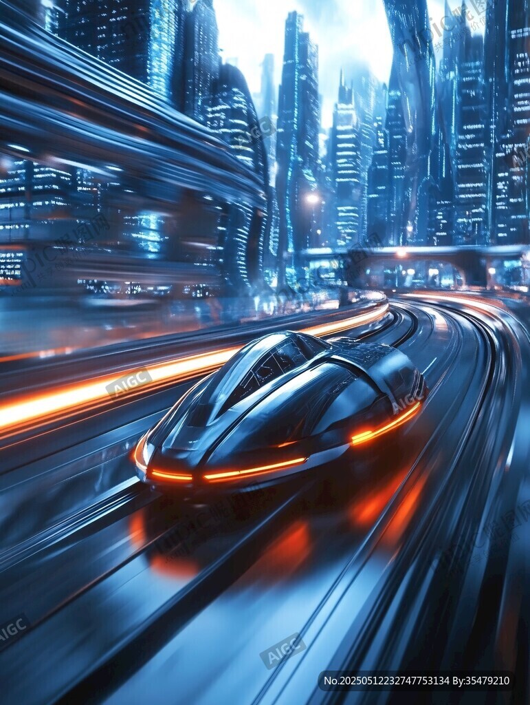 未来都市中的高速科幻列车