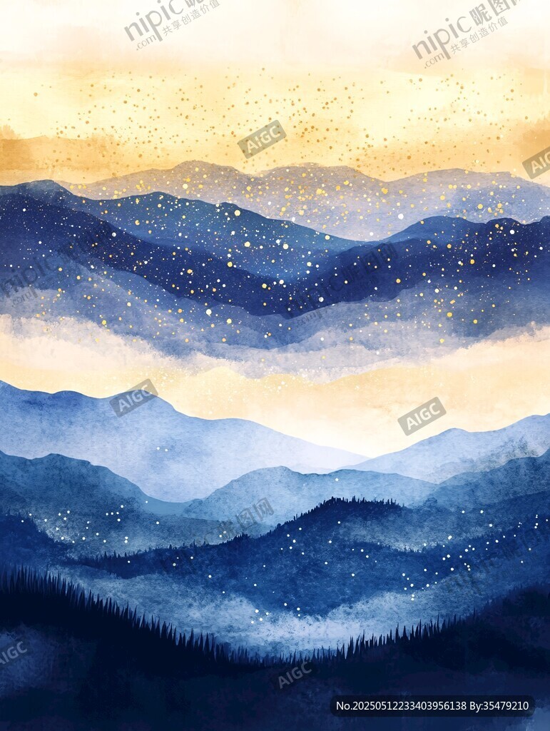 梦幻山川星空水彩绘景
