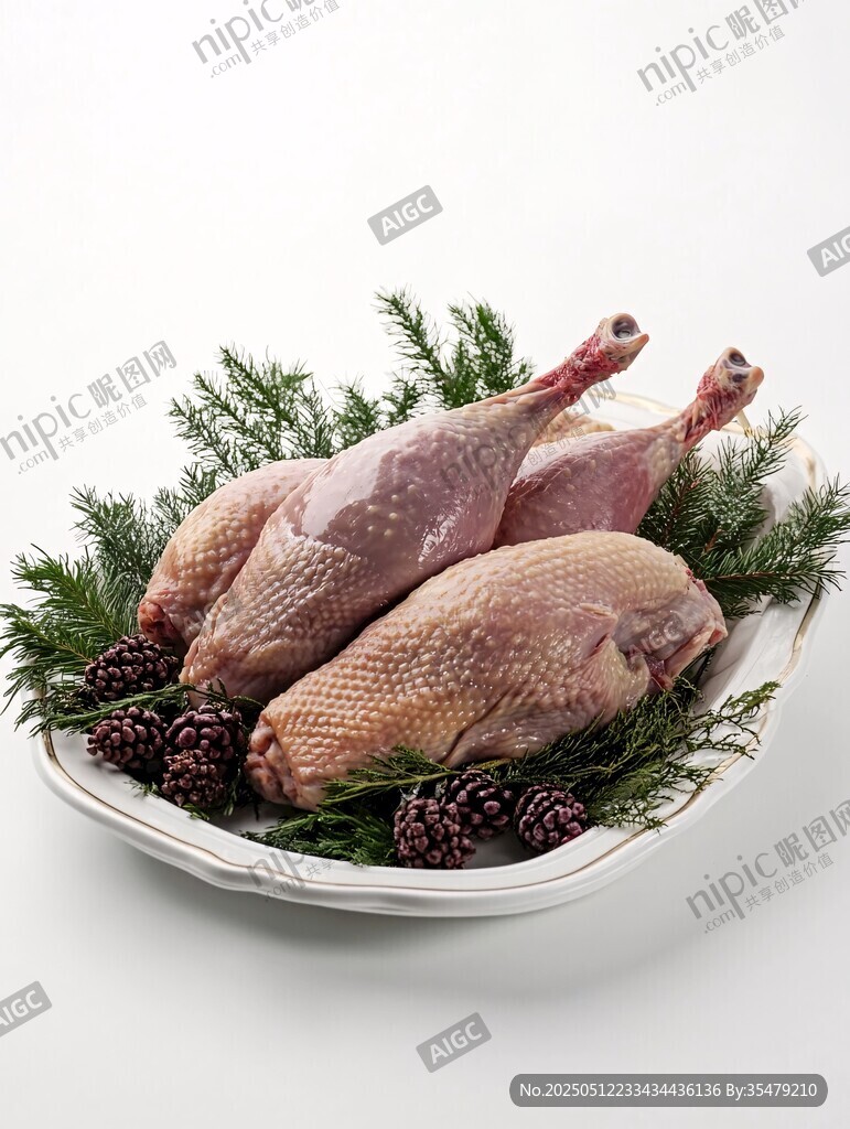 生鲜火鸡腿与松枝装饰盘