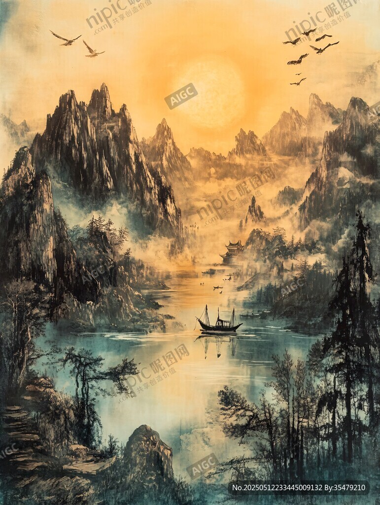 夕阳下的山水行舟图景