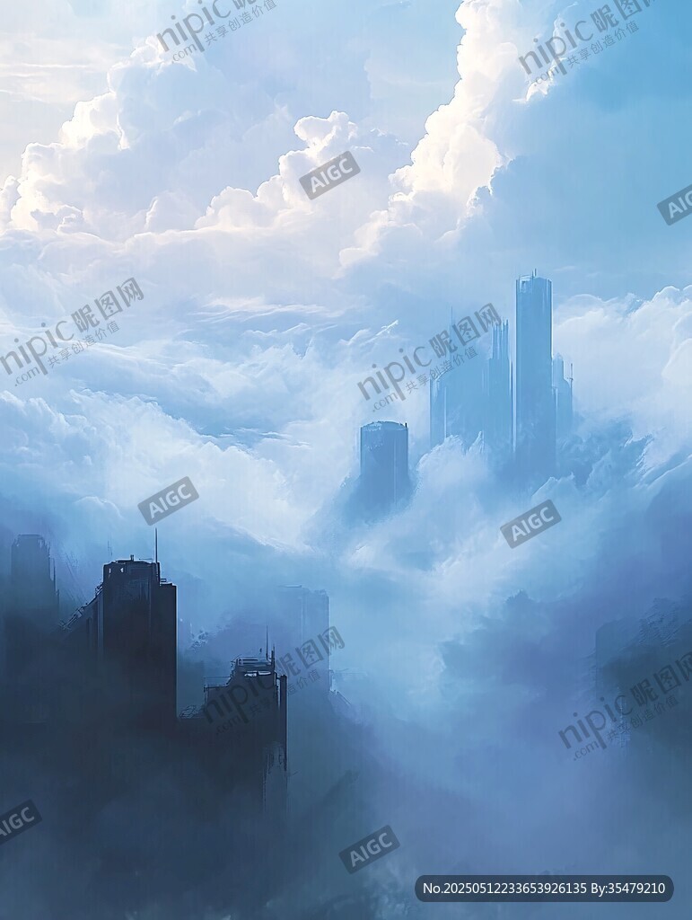 云雾缭绕中的梦幻都市景观