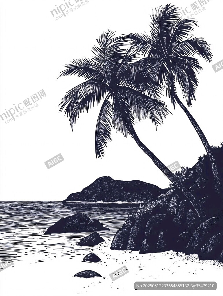 海边椰树景致黑白插画