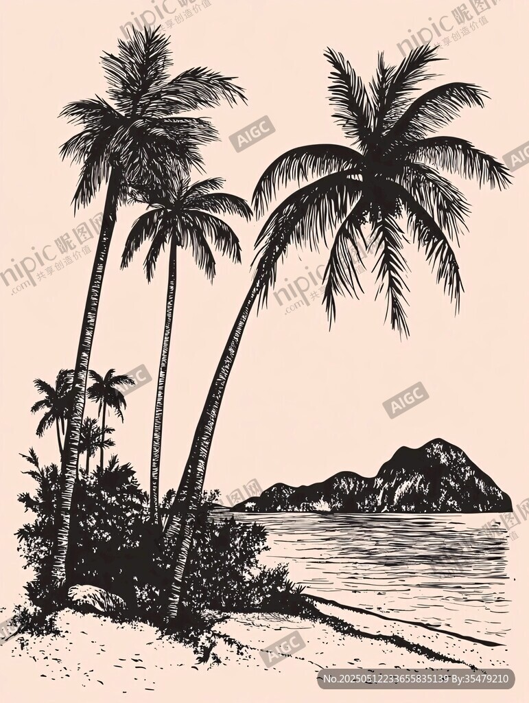 手绘热带海滩棕榈树风景