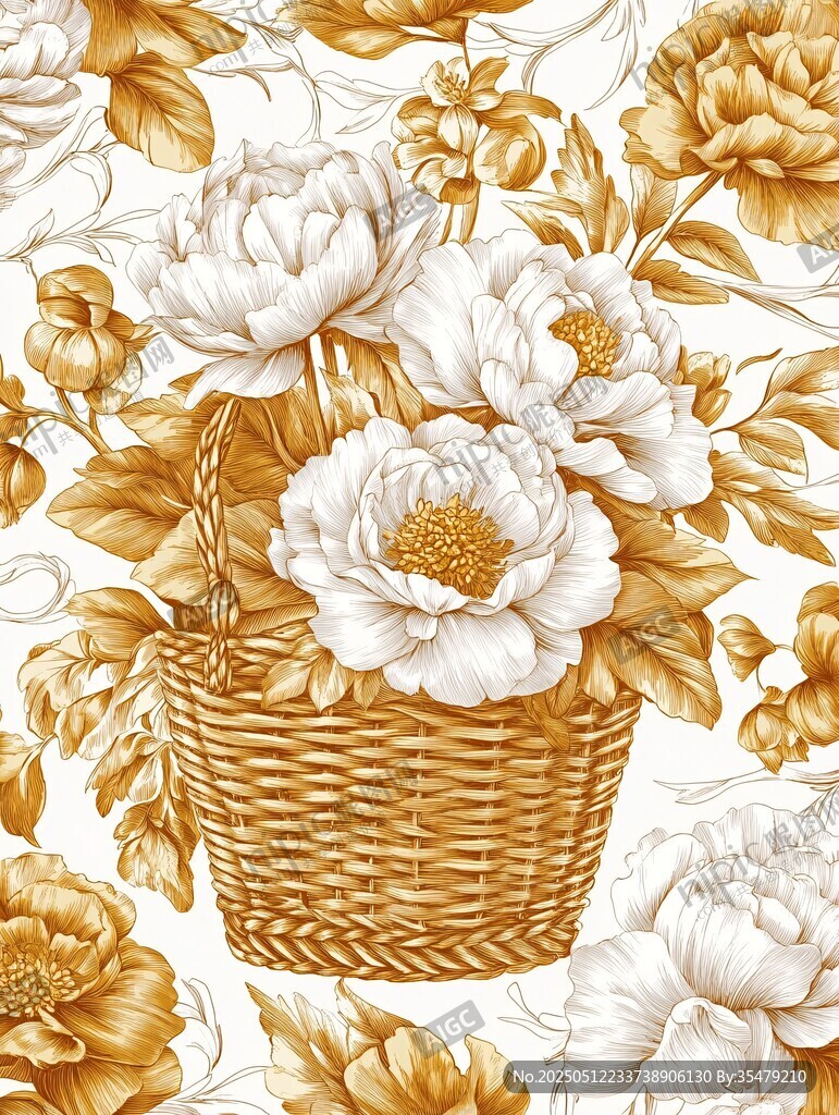 金色花篮牡丹花卉图案