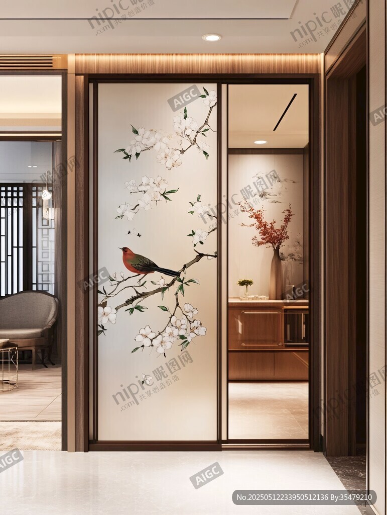 中式花鸟玻璃移门设计