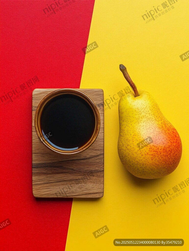 黄红背景上的梨与木杯