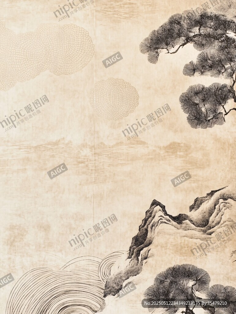 中式山水墨韵松树风景图