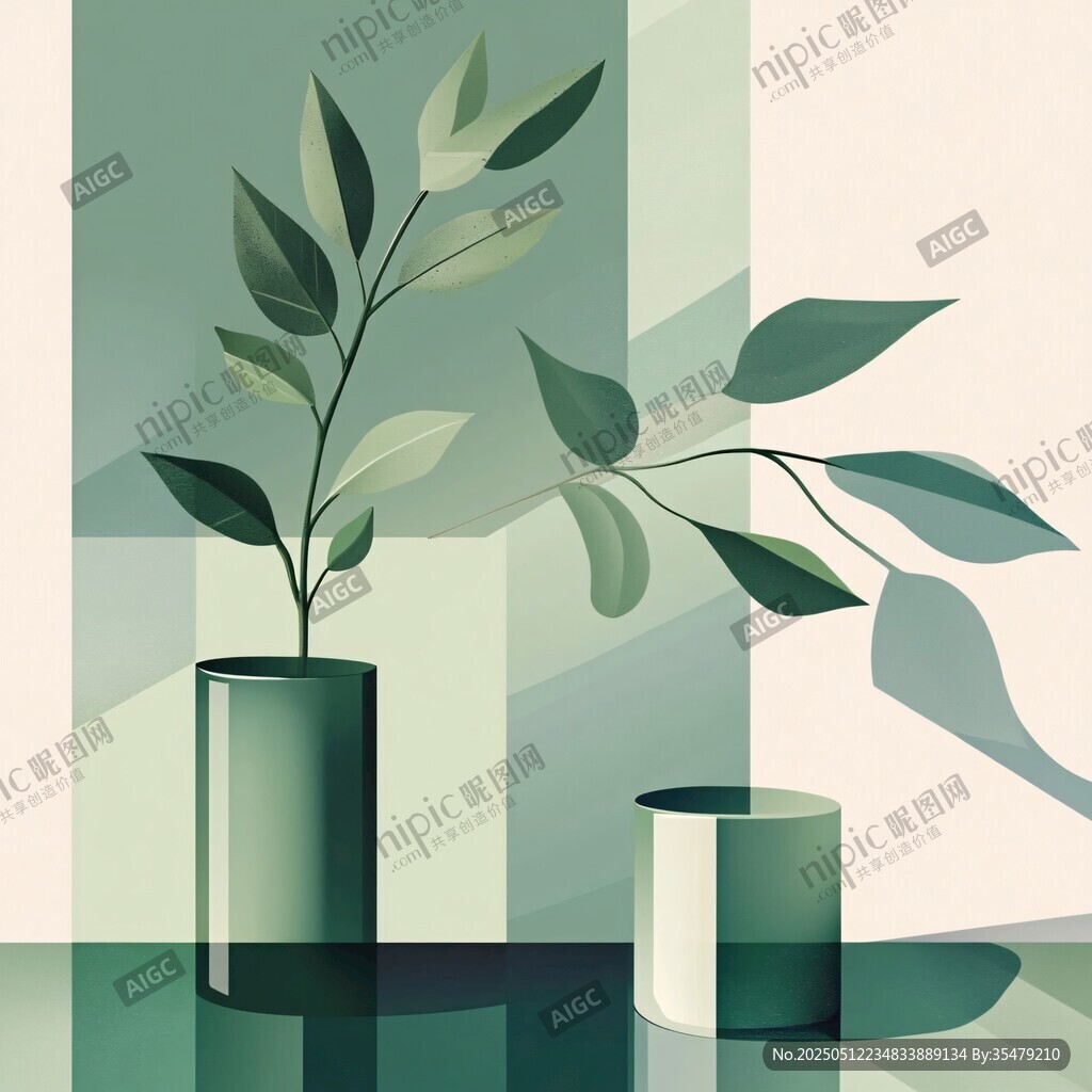 绿植花瓶 简约清新静物插画