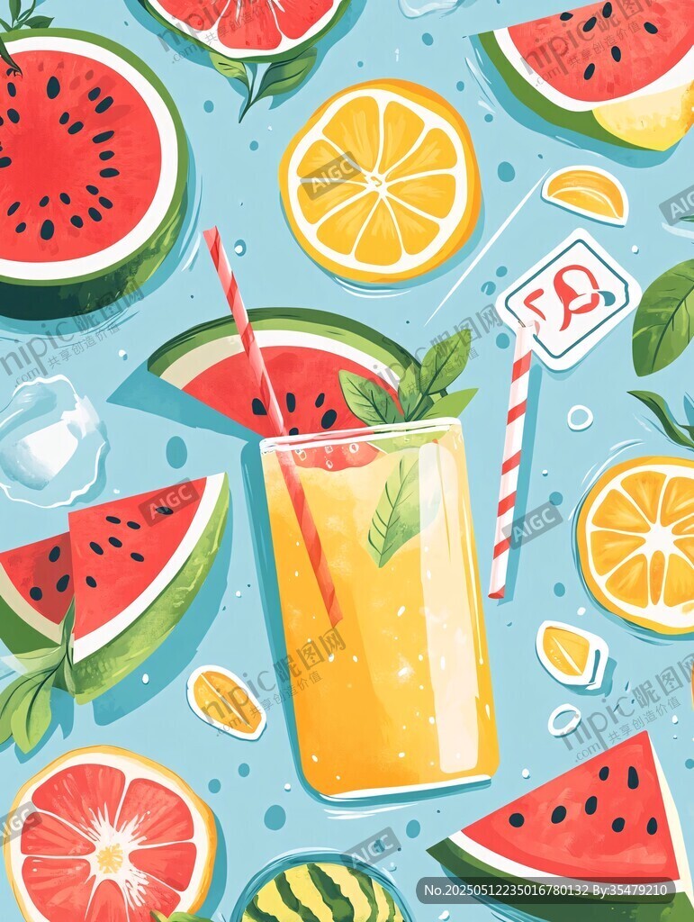 夏日缤纷水果饮品插画