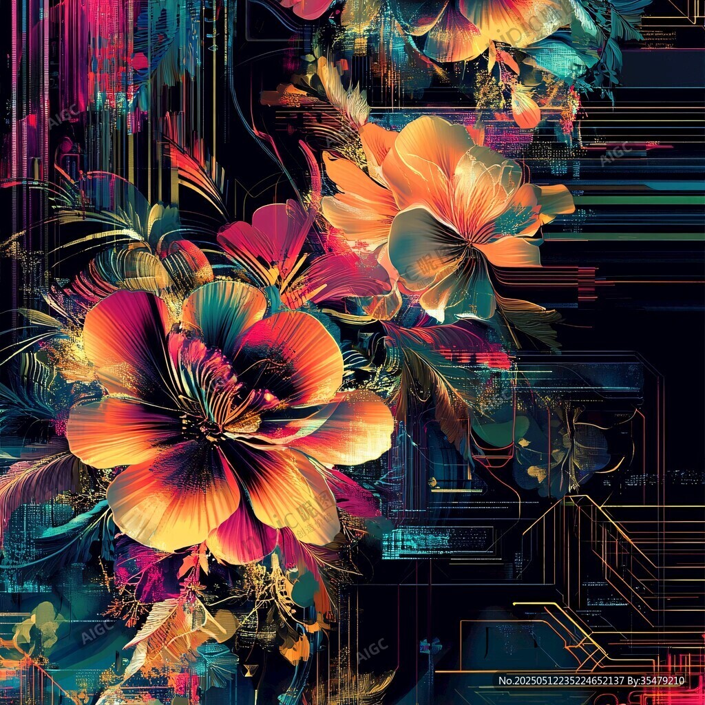 绚丽花卉与科技风融合图案