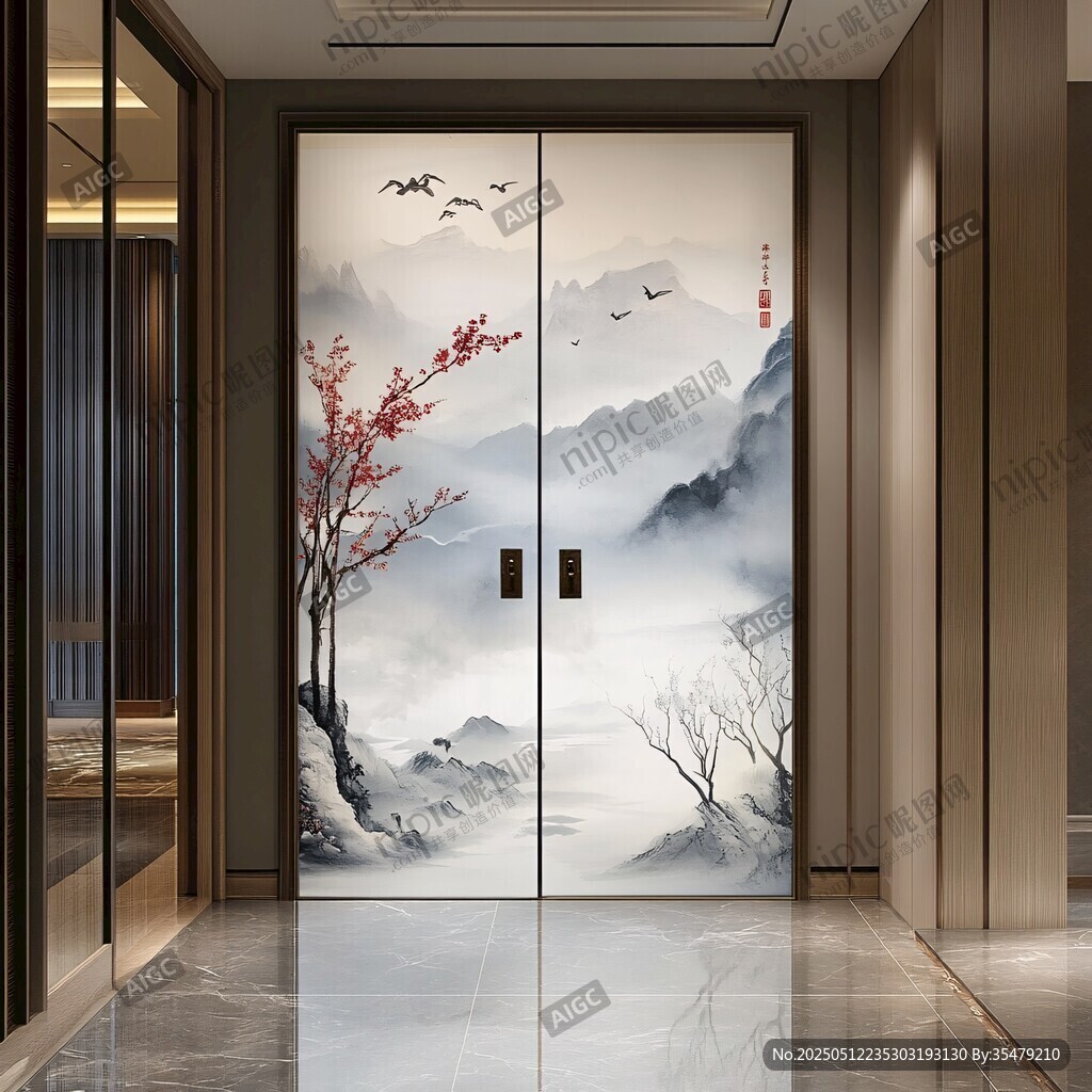 中式山水双开柜门装饰画