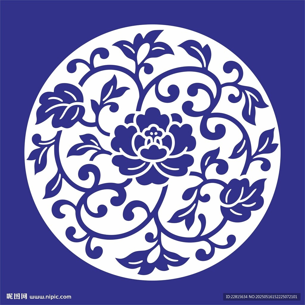 矢量缠枝牡丹圆形牡丹花纹饰图案