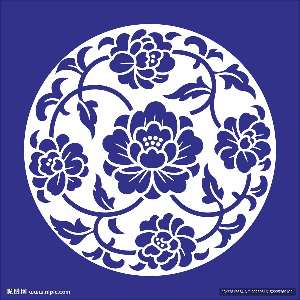 矢量缠枝牡丹青花瓷圆形花卉图案