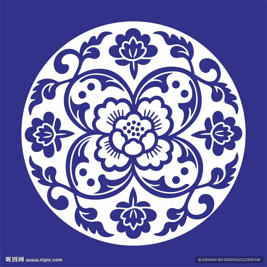 矢量缠枝牡丹花圆形花卉传统图案