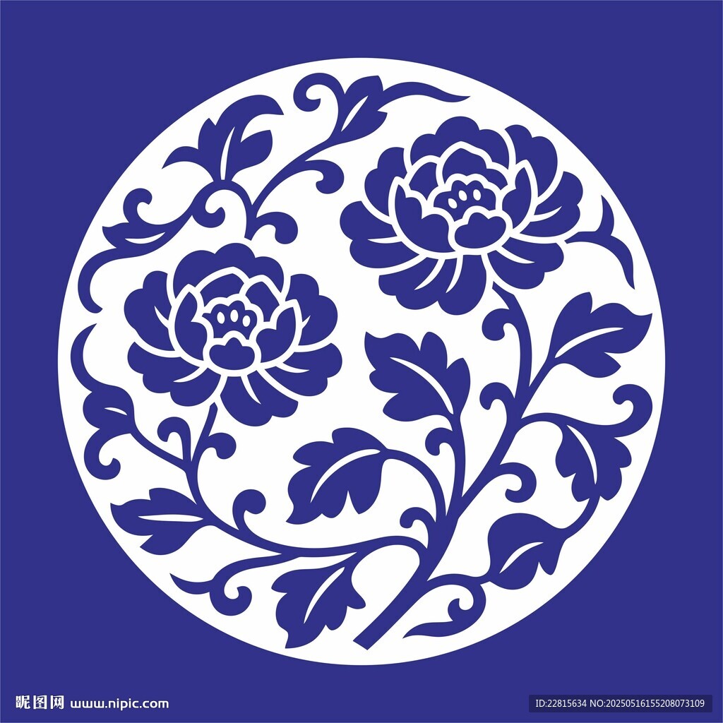 矢量缠枝牡丹青花瓷圆形花卉图案