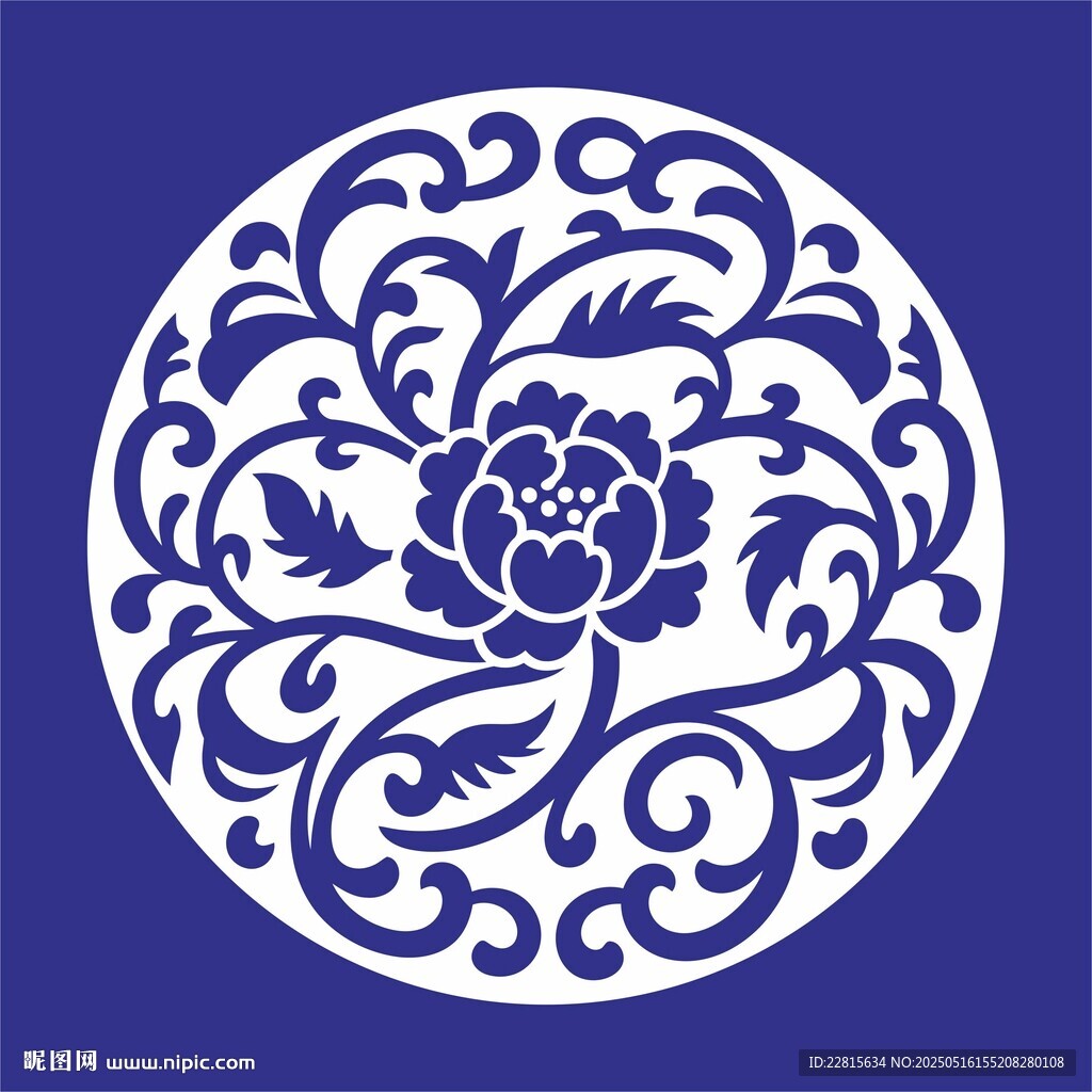 矢量缠中式蓝白花卉圆形传统纹样