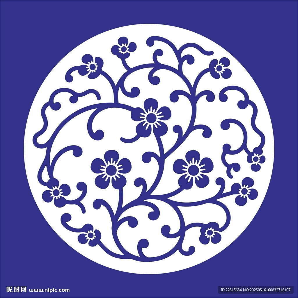 矢量缠枝梅花花卉圆形传统图案