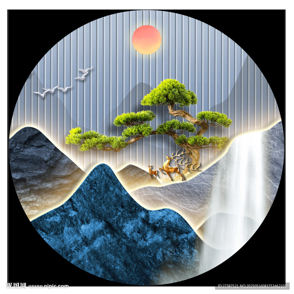 圆形高档画立体山水麋鹿迎客松