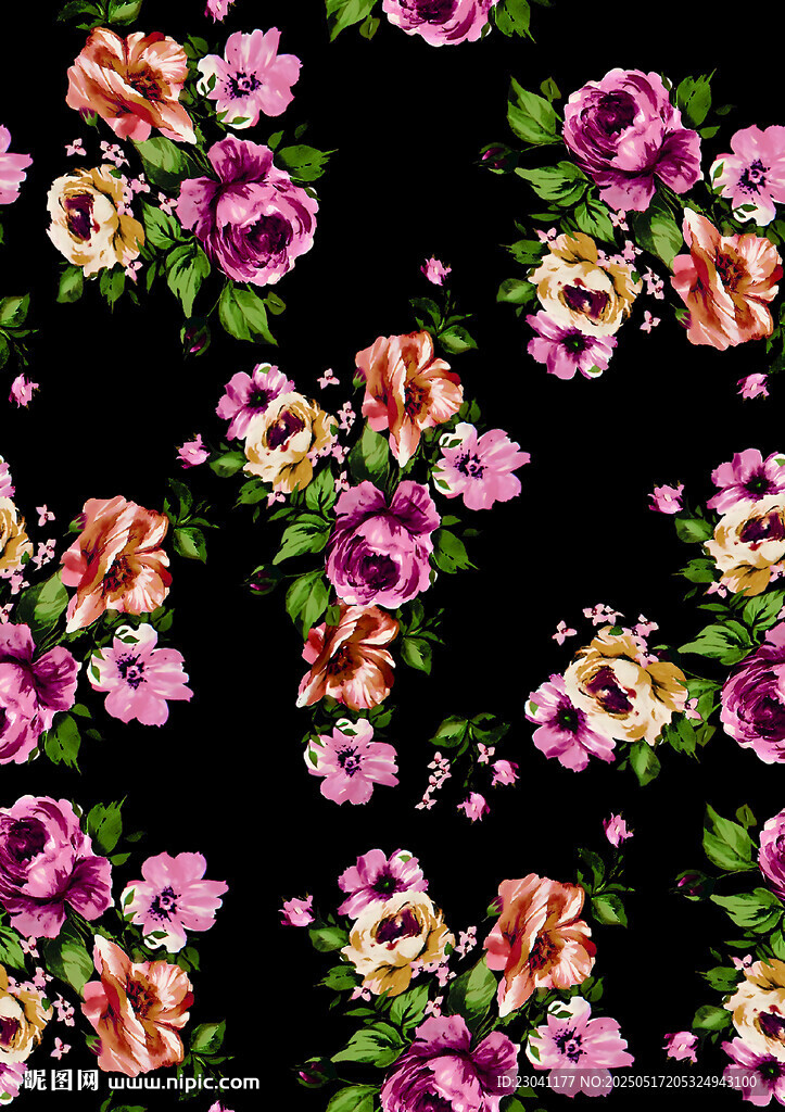 黑色底花卉图案印花