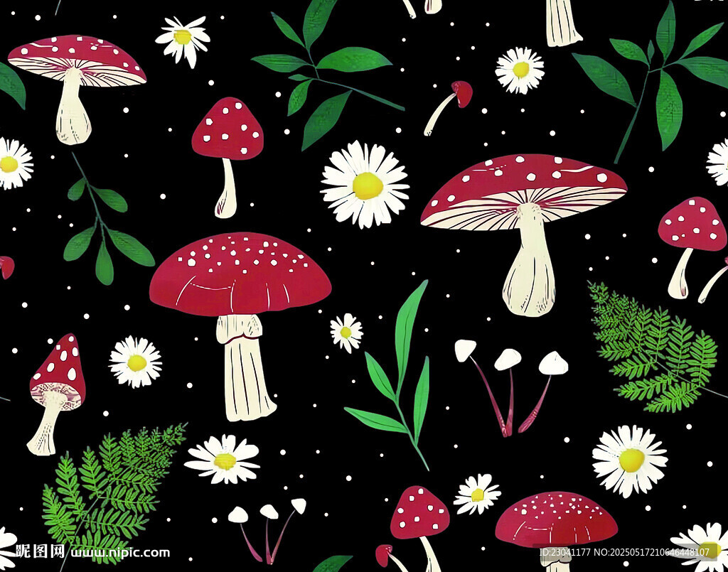 黑色背景上的蘑菇花卉图案