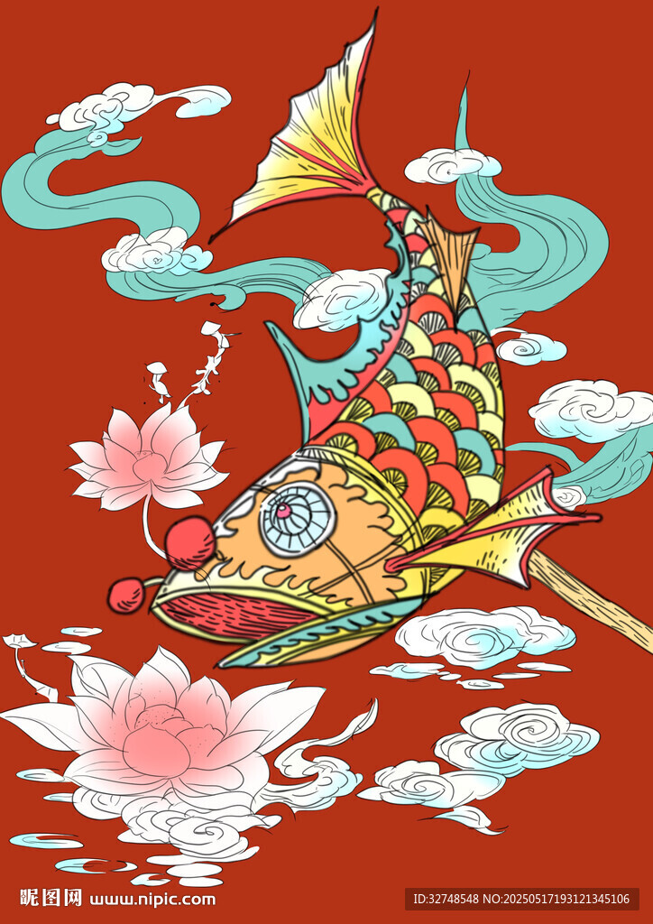 中式锦鲤祥云荷花插画