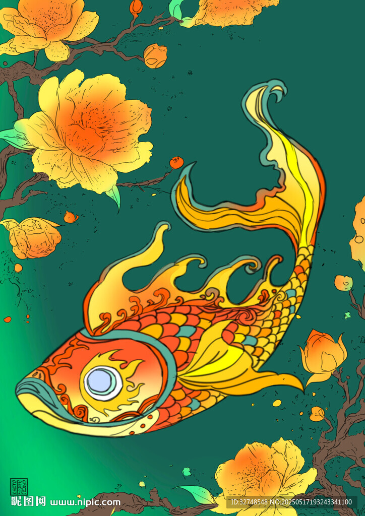 中式锦鲤花卉吉祥图案