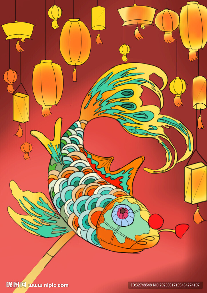 手绘国风鲤鱼灯笼插画