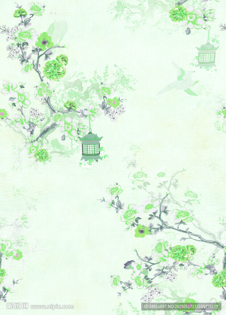 清新绿枝花鸟背景图