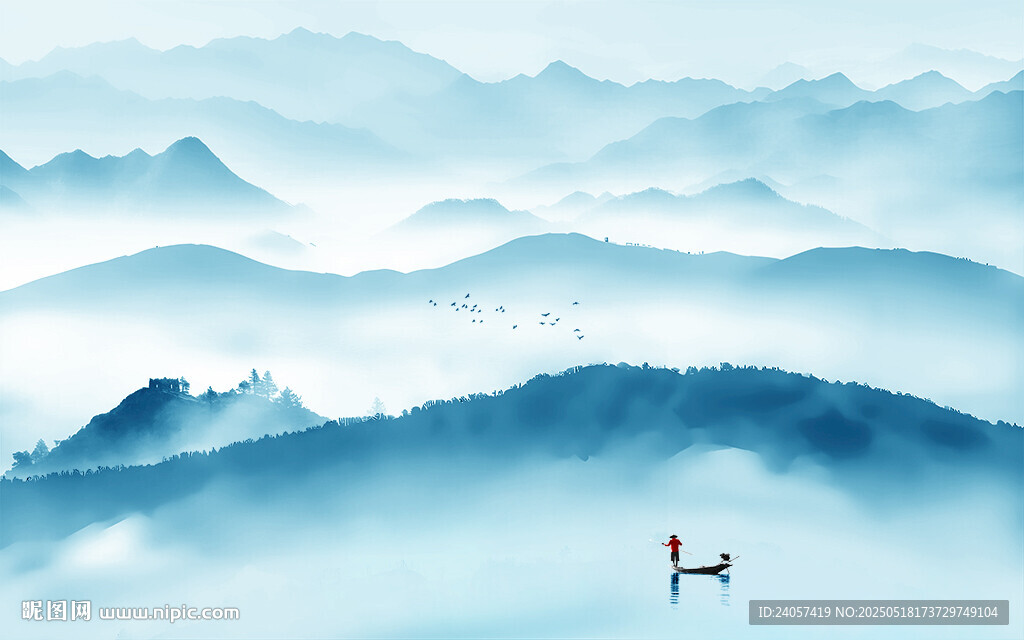 空灵意境山水风景蓝色写意背景墙