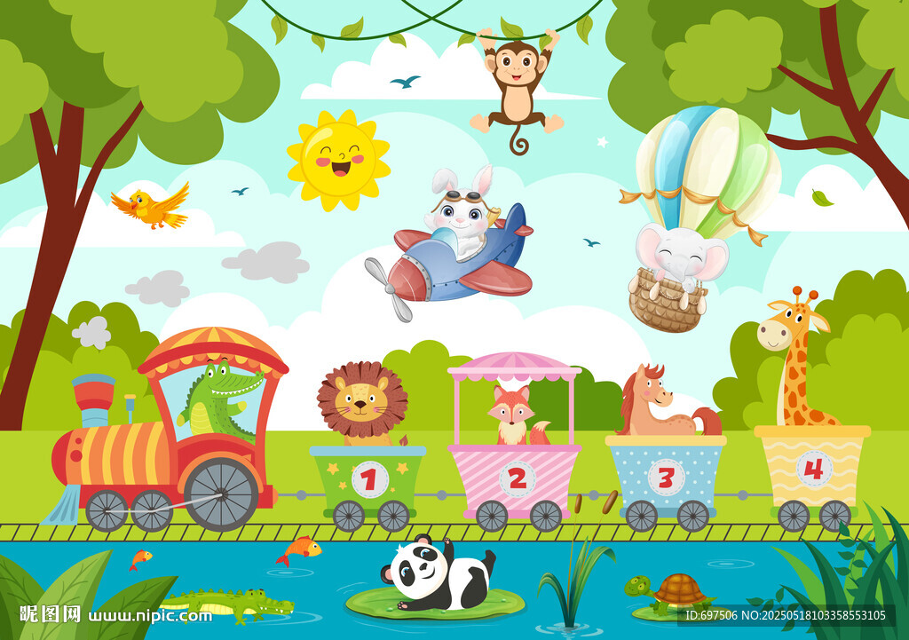卡通丛林可爱动物火车儿童背景墙