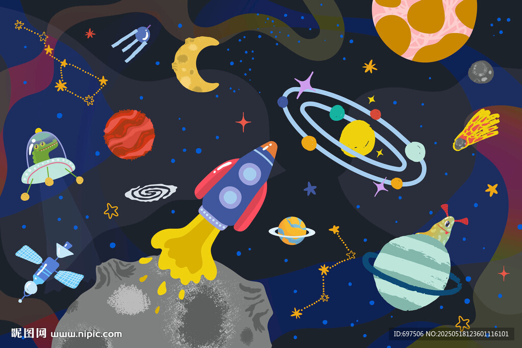 手绘宇宙星球卡通太空火箭背景墙