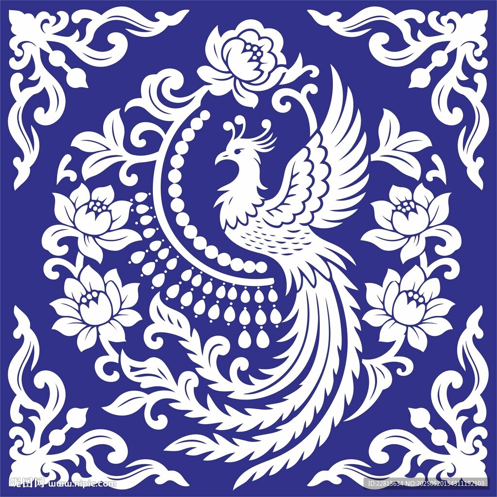 蓝底白凤花卉传统图案