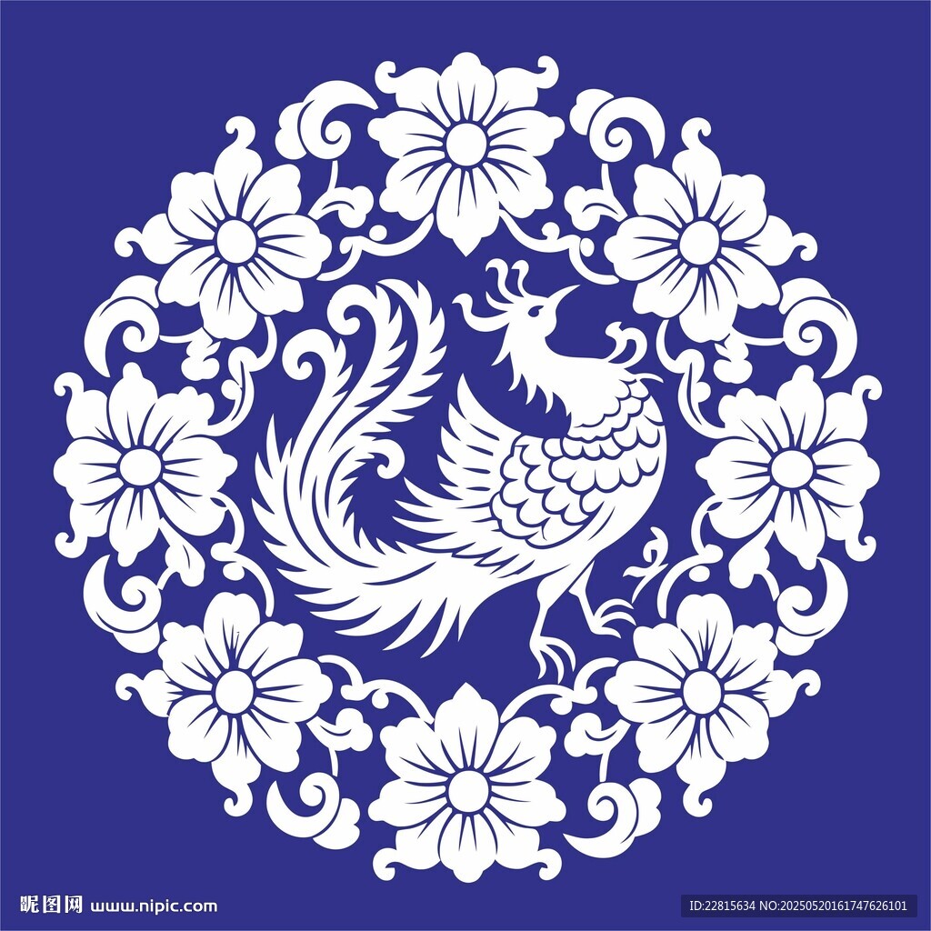 蓝底白纹凤凰花卉图案