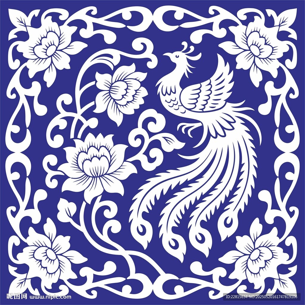 蓝白凤凰花卉传统图案