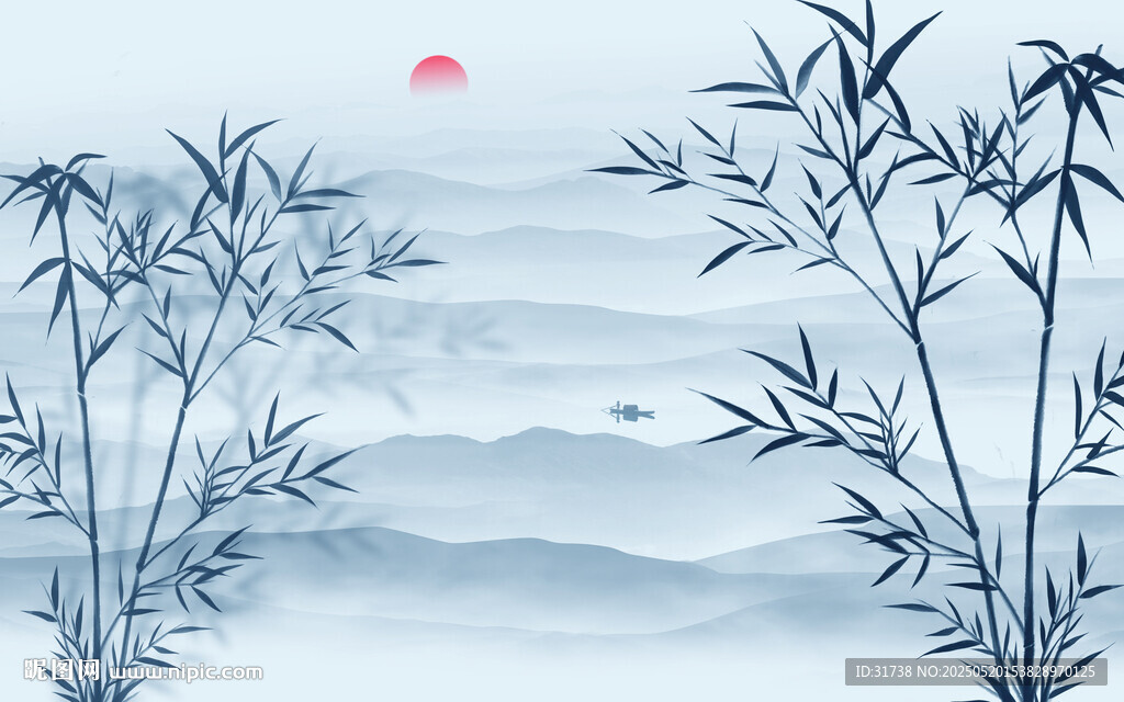 新中式屏风水墨竹子山水画背景墙