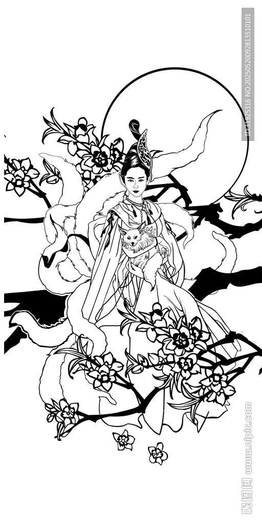 古风女子倚树伴月图