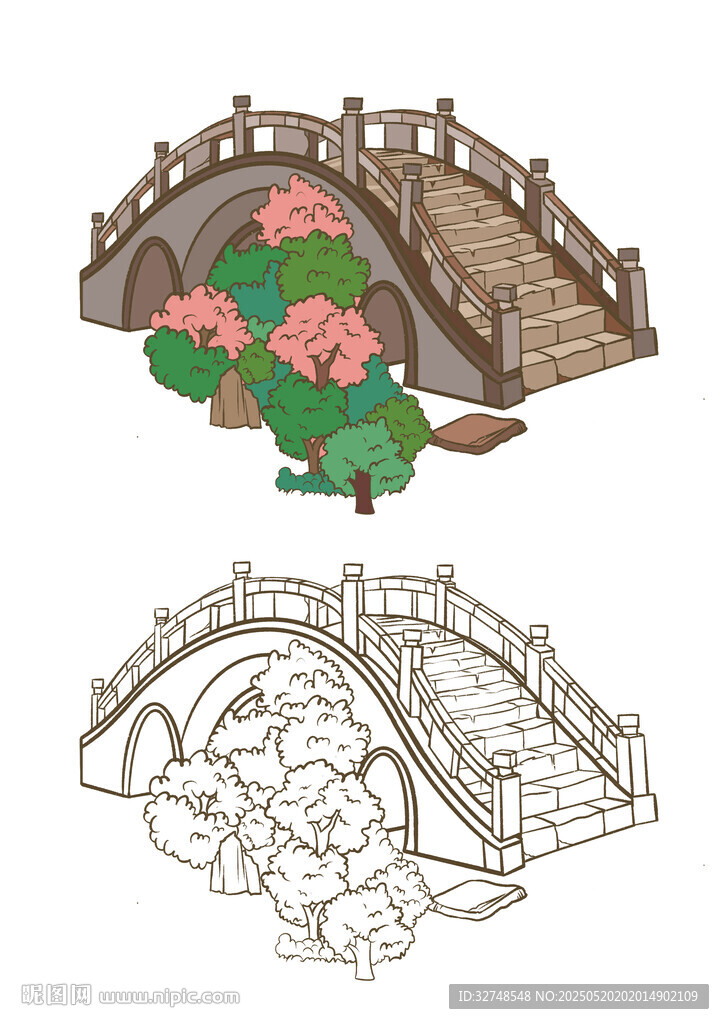 湖南五柳湖中式拱桥插画